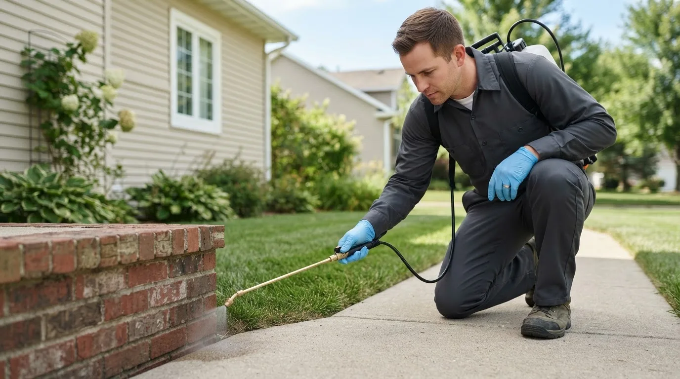 Pest control technician treating a home near Warren, VT